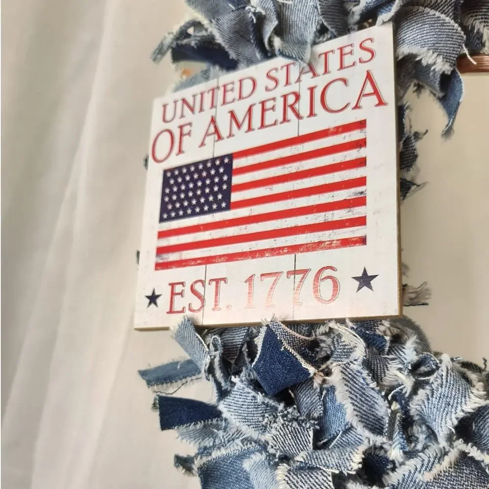 Upcycled Denim Rag Wreath with God Bless American Sign, 16
